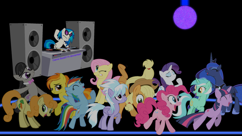 Size: 2560x1440 | Tagged: safe, artist:game-beatx14, derpibooru import, applejack, carrot top, cloudchaser, fluttershy, golden harvest, lyra heartstrings, octavia melody, pinkie pie, princess luna, rainbow dash, rarity, spitfire, twilight sparkle, vinyl scratch, alicorn, earth pony, pegasus, pony, unicorn, bowtie, cutie mark, dancing, eyes closed, female, floor, hat, hooves, horn, light, mane six, mare, one eye closed, open mouth, smiling, sunglasses, teeth, turntable, vector, wallpaper, wings