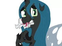 Size: 799x599 | Tagged: artist needed, cute, cutealis, derpibooru import, eating, heart, looking at you, mouth hold, nom, nose wrinkle, paper, queen chrysalis, safe, scrunchy face, simple background, smiling, solo, :t, wavy mouth, white background