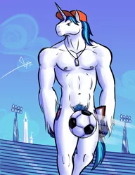 Size: 788x1024 | Tagged: anthro, artist:bgn, ball, bare chest, censored, derpibooru import, football, male, nipples, nudity, pubic hair, shining armor, show accurate clothing, solo, solo male, strategically covered, suggestive, unshorn fetlocks