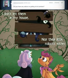 Size: 1000x1144 | Tagged: artist:r perils, ask ipsywitch, cigarette, derpibooru import, hammer, meanie belle, oc, oc:ipsywitch, safe, scootabot, scootaloo, smoking, sweetie belle, tentacles, tumblr