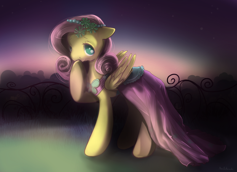 Size: 1654x1200 | Tagged: safe, artist:wolfiedrawie, derpibooru import, fluttershy, pegasus, pony, a canterlot wedding, bridesmaid dress, clothes, covering mouth, cute, dress, female, floppy ears, folded wings, looking at you, mare, no pupils, raised hoof, shyabetes, solo