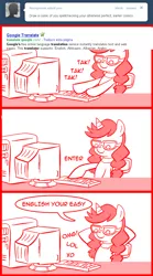 Size: 612x1100 | Tagged: safe, artist:madmax, derpibooru import, oc, oc:madmax, unofficial characters only, pony, unicorn, madmax silly comic shop, comic, computer, female, glasses, google, google translate, hooves behind head, lol, mare, misspelling of you're, omg, ponysona, self deprecation, self portrait, solo, tumblr, xd