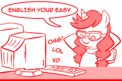 Size: 493x327 | Tagged: safe, artist:madmax, derpibooru import, edit, oc, oc:madmax, unofficial characters only, pony, unicorn, madmax silly comic shop, computer, female, glasses, hooves behind head, lol, mare, misspelling of you're, omg, ponysona, reaction image, self deprecation, self portrait, tumblr, xd