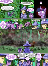 Size: 762x1048 | Tagged: semi-grimdark, artist:razmere, derpibooru import, spike, twilight sparkle, diamond dog, dragon, human, pony, unicorn, comic:warhorse, berserk, comic, corpse, crossover, crying, dialogue, female, frown, glare, gritted teeth, hidden eyes, male, mare, shocked, speech bubble, unicorn twilight, wide eyes