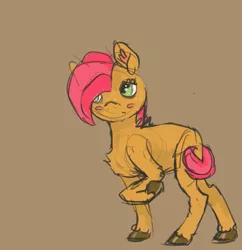 Size: 1059x1096 | Tagged: safe, artist:weepysheep, deleted from derpibooru, derpibooru import, babs seed, earth pony, pony, blushing, brown background, simple background, solo, unshorn fetlocks