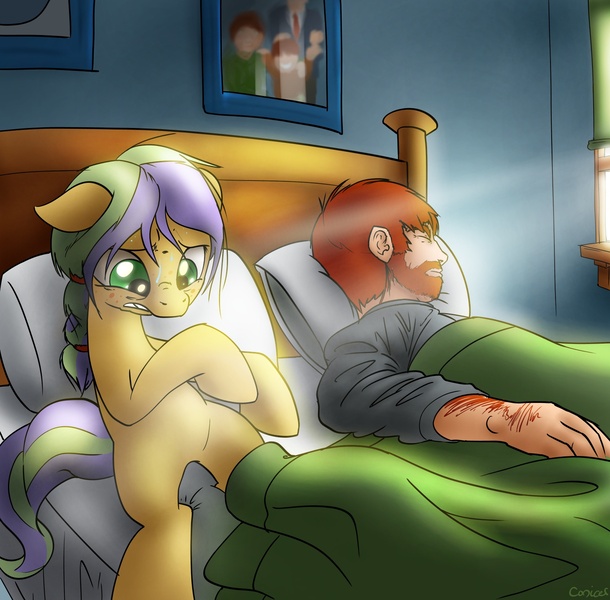 Size: 1600x1575 | Tagged: safe, artist:conicer, derpibooru import, oc, oc:mary morris, oc:stan morris, unofficial characters only, human, fanfic, fanfic:my little marriage, bed, fanfic art, human to pony, human with pony, image, jpeg, madverse, my little marriage, shocked, sleeping, sweat, transformation