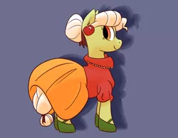 Size: 900x700 | Tagged: safe, artist:goat train, deleted from derpibooru, derpibooru import, granny smith, pony, adorasmith, blue background, clothes, cute, dress, gala dress, mary janes, no catchlights, profile, simple background, solo