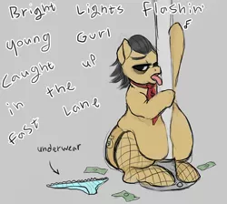 Size: 500x448 | Tagged: suggestive, artist:ptg, derpibooru import, filthy rich, earth pony, pony, bhm, clothes, crossdressing, fat, fatty rich, frown, gray background, image, lidded eyes, male, male stripper, money, music notes, necktie, obese, ohgodwhat, open mouth, panties, pantyhose, png, pole, simple background, sitting, solo, solo male, stallion, tongue out, underwear, why