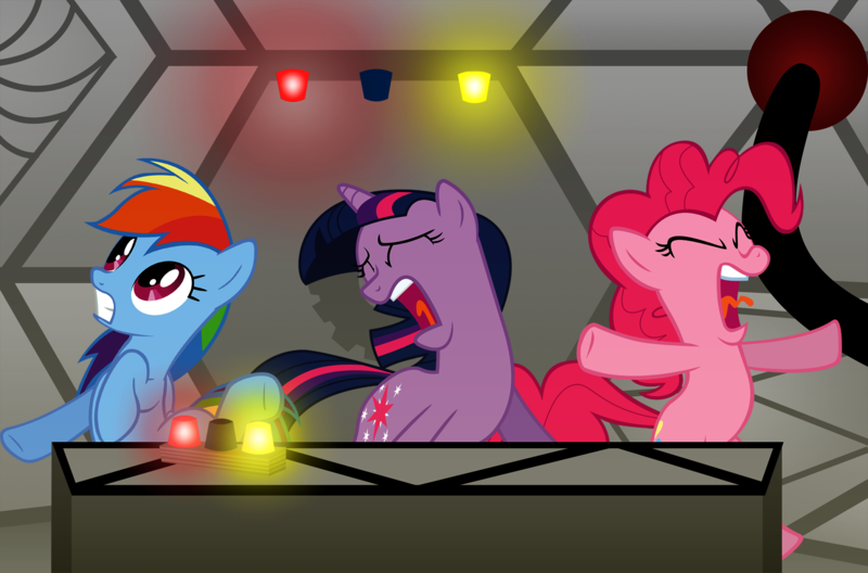 Size: 1635x1080 | Tagged: artist:omegasunburst, crossover, derpibooru import, eyes closed, gritted teeth, movie sign, mystery science theater 3000, open mouth, pandemonium, panic, pinkie pie, rainbow dash, running, safe, screaming, twilight sparkle, wide eyes, yelling