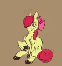Size: 1138x1204 | Tagged: safe, artist:weepysheep, deleted from derpibooru, derpibooru import, apple bloom, earth pony, pony, bow, brown background, hair bow, simple background, smiling, solo, unshorn fetlocks