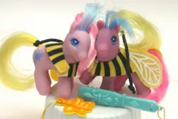 Size: 1023x682 | Tagged: safe, derpibooru import, bee, pony, baby, baby dart, baby dash, baby ponies, baby pony, bee costume, clothes, dart, dash, g2, toy, twins