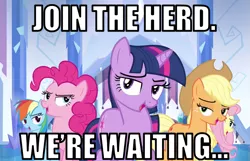 Size: 839x539 | Tagged: applejack, bedroom eyes, bronybait, caption, crystal empire cheer meme, derpibooru import, edit, edited screencap, fluttershy, games ponies play, image macro, join the herd, looking at you, open mouth, pinkie pie, rainbow dash, safe, screencap, smiling, twilight sparkle