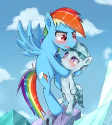 Size: 1082x1200 | Tagged: safe, artist:hua, derpibooru import, glass slipper, rainbow dash, crystal pony, pony, games ponies play, blushing, carrying, cloud, cloudy, crystal empire, crystal filly, embarrassed, filly, flying, open mouth, pouting, scene interpretation