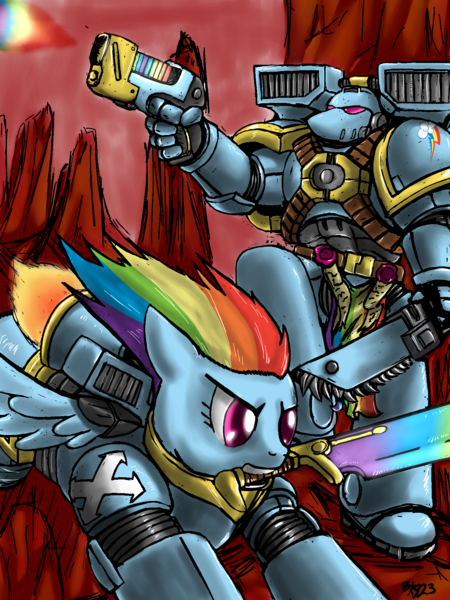 Size: 1500x2000 | Tagged: safe, artist:bloodkiaser923, derpibooru import, rainbow dash, human, pegasus, pony, armor, assault squad, bolter, chainsword, crossover, duo, female, gun, jetpack, jump pack, male, mare, mouth hold, plasma pistol, power armor, power sword, powered exoskeleton, purity seal, space marine, sword, warhammer (game), warhammer 40k, weapon