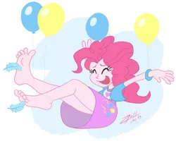 Size: 1341x1073 | Tagged: suggestive, artist:chaztheweasel, derpibooru import, pinkie pie, equestria girls, balloon, barefoot, bondage, eyes closed, feather, feet, female, floating, foot fetish, laughing, open mouth, solo, solo female, then watch her balloons lift her up to the sky, tickle torture, tickling
