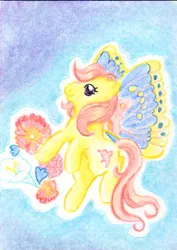 Size: 424x600 | Tagged: artist:rayechu, derpibooru import, flower, flying, g1, little flitter, safe, solo, summer wing ponies, traditional art