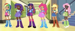 Size: 1280x545 | Tagged: safe, derpibooru import, applejack, fluttershy, pinkie pie, rainbow dash, rarity, twilight sparkle, equestria girls, clothes, dark skin, eqg promo pose set, human coloration, humanized, skirt, twoiloight spahkle