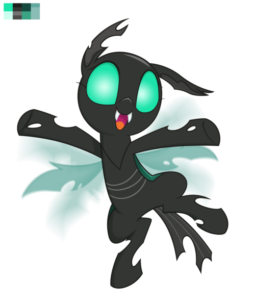 Size: 1985x2400 | Tagged: artist:equestria-prevails, changeling, changeling oc, cute, cuteling, derpibooru import, female, floating, happy, oc, oc:danganya, open mouth, safe, simple background, solo, spread legs, transparent background, unofficial characters only