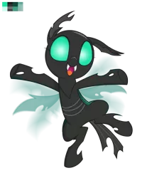 Size: 1985x2400 | Tagged: artist:equestria-prevails, changeling, changeling oc, cute, cuteling, derpibooru import, female, floating, happy, oc, oc:danganya, open mouth, safe, simple background, solo, spread legs, transparent background, unofficial characters only