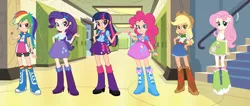 Size: 1280x545 | Tagged: safe, derpibooru import, edit, applejack, fluttershy, pinkie pie, rainbow dash, rarity, twilight sparkle, equestria girls, clothes, eqg promo pose set, human coloration, line-up, mane six, recolor, skirt, twoiloight spahkle