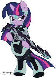 Size: 1740x2384 | Tagged: safe, artist:ambris, derpibooru import, twilight sparkle, pony, unicorn, armor, crossover, female, gun, hooves, horn, mare, planetside 2, rifle, signature, simple background, sniper, sniper rifle, solo, vanu sovereignty, weapon, white background