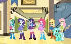 Size: 720x451 | Tagged: safe, derpibooru import, edit, applejack, fluttershy, lyra heartstrings, pinkie pie, rainbow dash, rarity, twilight sparkle, pony, equestria girls, collar, eqg promo pose set, equestria girls drama, humie, leash, line-up, pet, pony pet