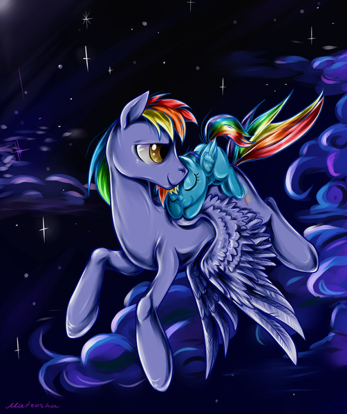 Size: 1006x1202 | Tagged: dead source, safe, artist:matrosha123, derpibooru import, rainbow blaze, rainbow dash, cloud, cloudy, cute, dashabetes, eyes closed, filly rainbow dash, flying, looking back, night, ponies riding ponies, sky, smiling, spread wings, stars, younger