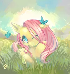 Size: 1500x1580 | Tagged: safe, artist:erinliona, derpibooru import, fluttershy, butterfly, pegasus, pony, colored pupils, female, grass, mare, one eye closed, prone, solo