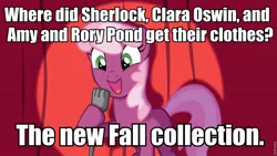 Size: 960x540 | Tagged: amy pond, cheerilee, cheerilee pun, clara oswin oswald, derpibooru import, doctor who, exploitable meme, image macro, meme, rory williams, safe, sherlock, sherlock holmes, steven moffat