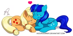 Size: 1136x563 | Tagged: safe, artist:hazurasinner, derpibooru import, applejack, oc, earth pony, pony, canon x oc, eyes closed, female, heart, mare, nuzzling, signature, simple background, transparent background