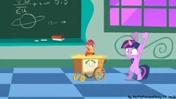 Size: 1280x720 | Tagged: artist:muffinprincessderpy, bipedal, blank flank, chalkboard, classroom, derpibooru import, edit, edited screencap, egg, female, filly, filly twilight sparkle, hatching, hatchling, safe, scootachicken, scootaloo, screencap, the cutie mark chronicles, twilight sparkle, wagon, younger