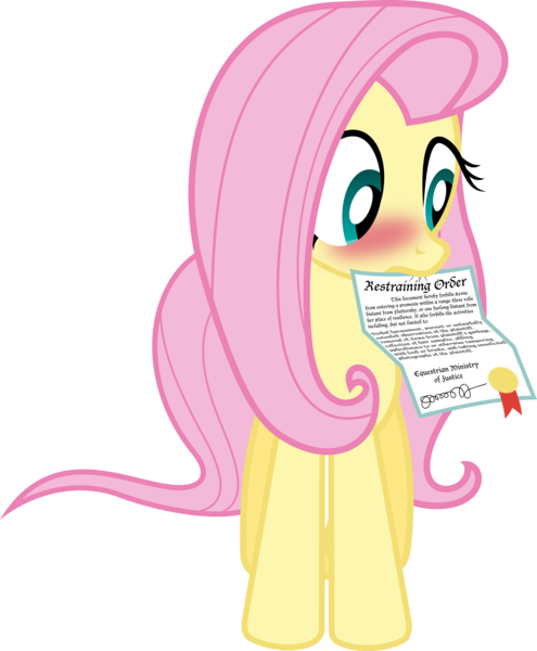 Size: 6000x7267 | Tagged: dead source, safe, artist:vladimirmacholzraum, derpibooru import, fluttershy, pegasus, pony, absurd resolution, blushing, female, mare, mouth hold, restraining order, simple background, solo, transparent background, vector