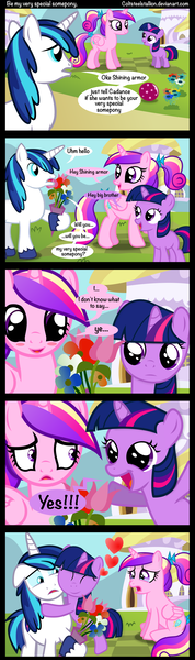 Size: 1200x4050 | Tagged: artist:coltsteelstallion, blushing, comic, crying, derpibooru import, filly, hug, princess cadance, safe, shining armor, tower of pimps, twilight sparkle