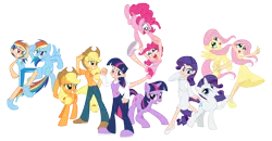 Size: 6633x3449 | Tagged: safe, artist:trinityinyang, derpibooru import, applejack, fluttershy, pinkie pie, rainbow dash, rarity, twilight sparkle, earth pony, human, pegasus, pony, unicorn, clothes, converse, dress, female, hat, human ponidox, humanized, looking at each other, looking at you, mane six, open mouth, simple background, skirt, smiling, transparent background