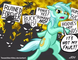 Size: 720x553 | Tagged: angry mob, artist:texasuberalles, bipedal, derpibooru import, drama, equestria girls drama, humie, lyra heartstrings, mob, pitchfork, protest, riot, ruined forever, running, safe, torch