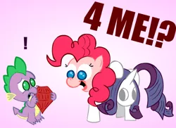 Size: 550x400 | Tagged: safe, artist:fr33z3dry, derpibooru import, pinkie pie, rarity, spike, costume, disguise, exclamation point, female, gem, male, pinkiespike, shipping, sparity, straight, surprised