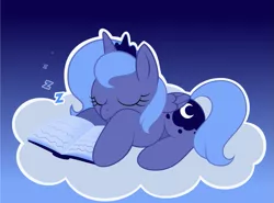 Size: 797x591 | Tagged: artist:giantsquidie, book, cloud, derpibooru import, princess luna, s1 luna, safe, sleeping, solo, zzz