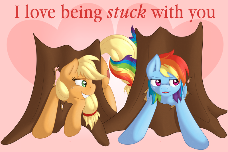 Size: 1500x1000 | Tagged: safe, artist:ratofdrawn, derpibooru import, applejack, rainbow dash, fanfic, fanfic:stuck, appledash, clopfic, duo, fanfic art, female, lesbian, shipping, stuck, tree, valentine