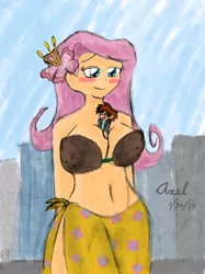 Size: 1024x1368 | Tagged: artist:axel-dk64, belly button, between breasts, bra, breasts, busty fluttershy, city, cleavage, clothes, coconut, coconut bikini, derpibooru import, female, fluttershy, giant anthro, giantess, hawaiian, hawaiian flower in hair, humanized, lucky, macro, midriff, suggestive, underwear