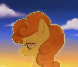 Size: 700x600 | Tagged: safe, artist:dotoriii, derpibooru import, carrot top, golden harvest, earth pony, pony, backlighting, cloud, female, looking down, mare, profile, sky, smiling, solo, sunrise