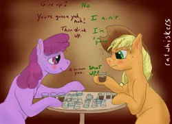 Size: 1171x850 | Tagged: alcohol, applejack, artist:ratwhiskers, berry punch, berryshine, derpibooru import, drinking contest, drunk, drunk aj, safe