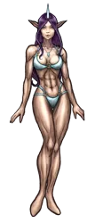 Size: 340x797 | Tagged: abs, artist:zmok, bikini, breasts, clothes, derpibooru import, elf ears, horned humanization, human, humanized, muscles, rarity, suggestive, swimsuit