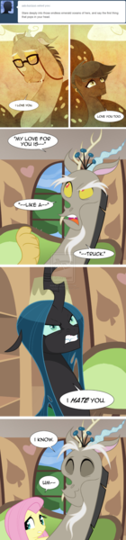 Size: 431x1853 | Tagged: artist:peachiekeenie, artist:tarajenkins, cupidite, derpibooru import, discolis, discord, discorderlyconduct, headcanon, queen chrysalis, safe, shipping, tumblr comic