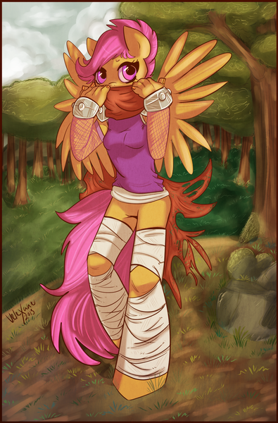 Size: 895x1359 | Tagged: anthro, artist:velexane, bandage, bottomless, derpibooru import, featureless crotch, fishnets, forest, ninja, safe, scootaloo, solo, strider, striderloo, tree