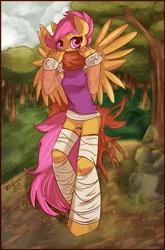 Size: 895x1359 | Tagged: anthro, artist:velexane, bandage, bottomless, derpibooru import, featureless crotch, fishnets, forest, ninja, safe, scootaloo, solo, strider, striderloo, tree