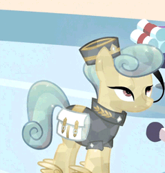 Size: 434x454 | Tagged: safe, derpibooru import, screencap, cinnabar, golden hooves, quicksilver, crystal pony, pony, animated, hat, hat pop, mailpony, solo