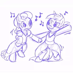 Size: 945x945 | Tagged: safe, artist:megasweet, derpibooru import, bon bon, lyra heartstrings, sweetie drops, pony, bipedal, clothes, dancing, dress, female, gala, gala dress, grand galloping gala, human behavior, lesbian, lyrabon, monochrome, music notes, shipping, simple background, white background