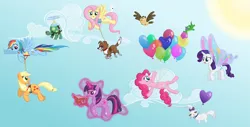 Size: 10000x5092 | Tagged: absurd resolution, angel bunny, applejack, artist:stabzor, balloon, book, derpibooru import, fluttershy, flying, glimmer wings, gummy, magic, mane six, opalescence, owlowiscious, pinkie pie, rainbow dash, rarity, safe, tank, then watch her balloons lift her up to the sky, twilight sparkle, vector, wings, winona