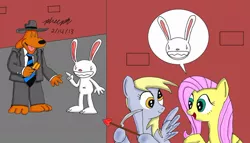 Size: 1024x585 | Tagged: safe, artist:pheeph, derpibooru import, derpy hooves, fluttershy, pegasus, pony, female, mare, max, sam, sam and max