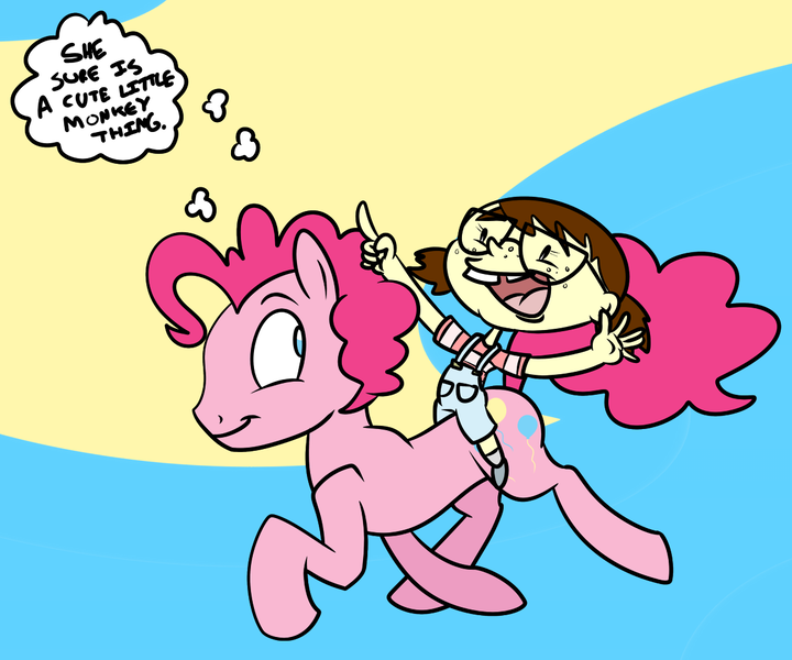Size: 1200x1000 | Tagged: artist:corwin, bubble berry, child, glasses, human, humans riding ponies, oc, oc:anon, pinkie pie, rule 63, safe